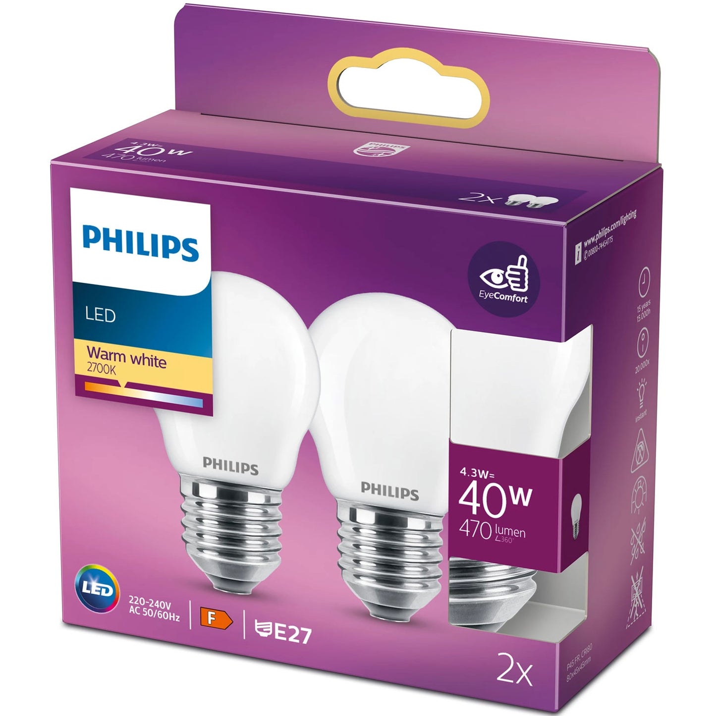 2-pack LED E27 P45 Globe 40W Frost 470lm