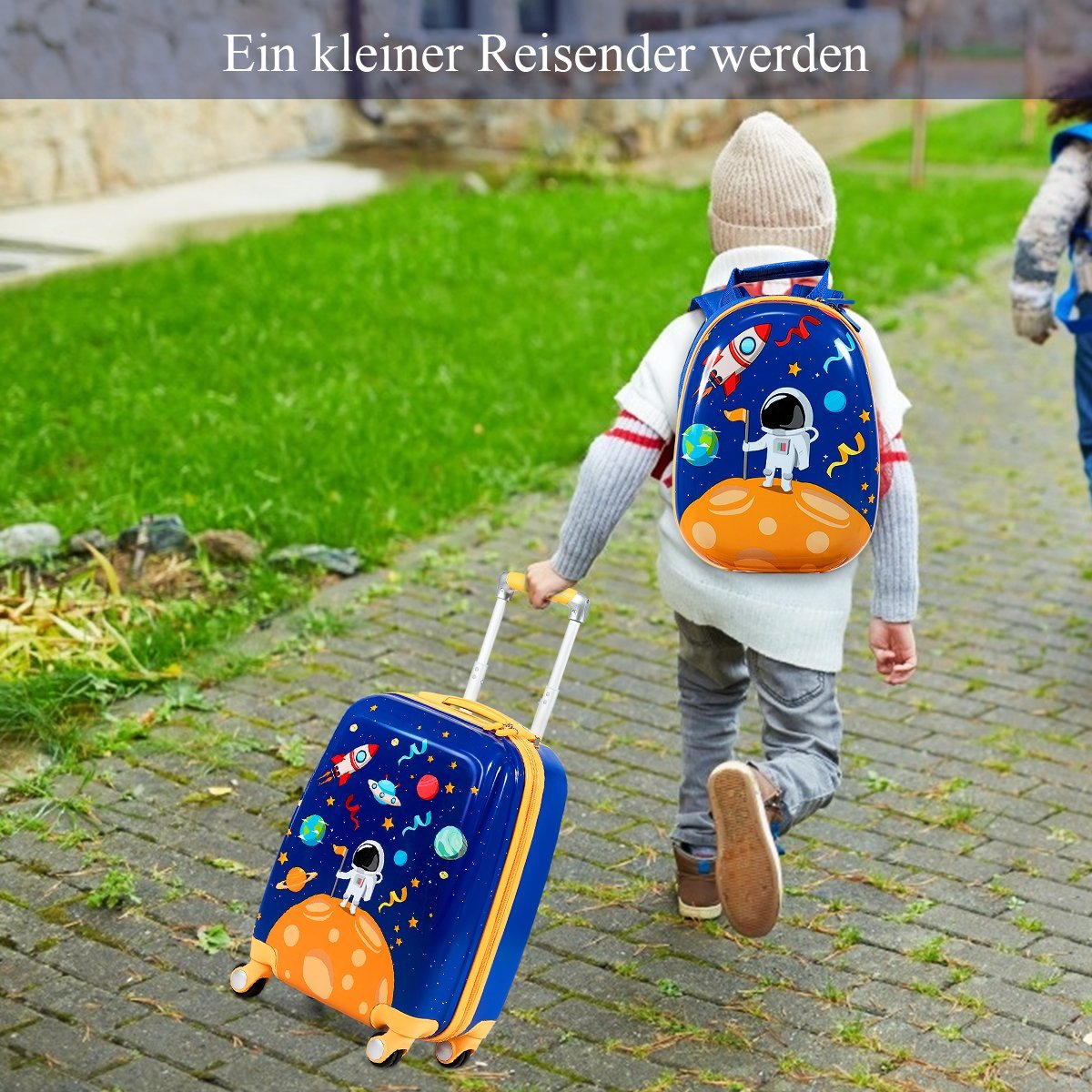 2 pcs. Children's suitcase + backpack made of plastic children's trolley children's luggage astronauts