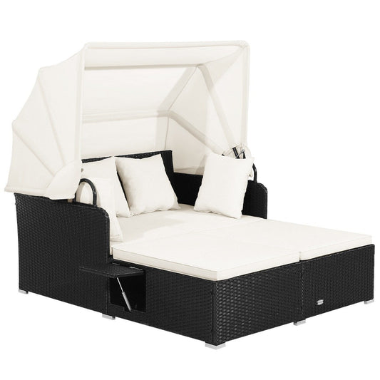 2-person rattan sun lounger with retractable canopy & folding tray & cushions
