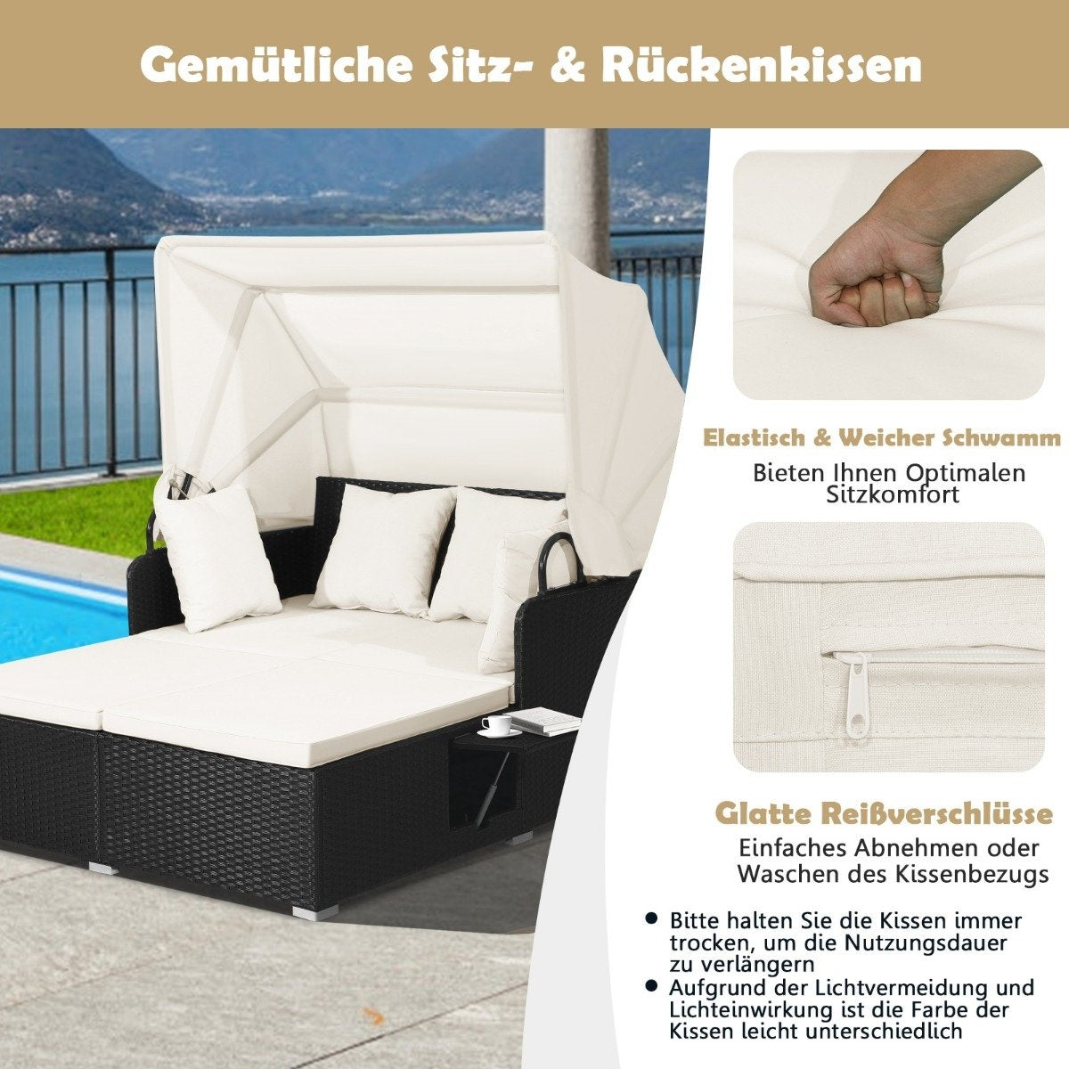 2-person rattan sun lounger with retractable canopy & folding tray & cushions