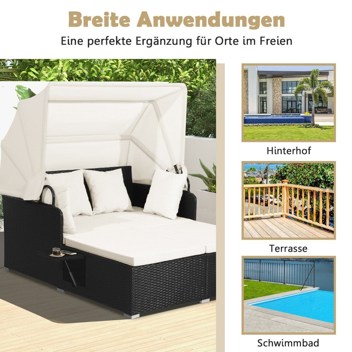 2-person rattan sun lounger with retractable canopy & folding tray & cushions