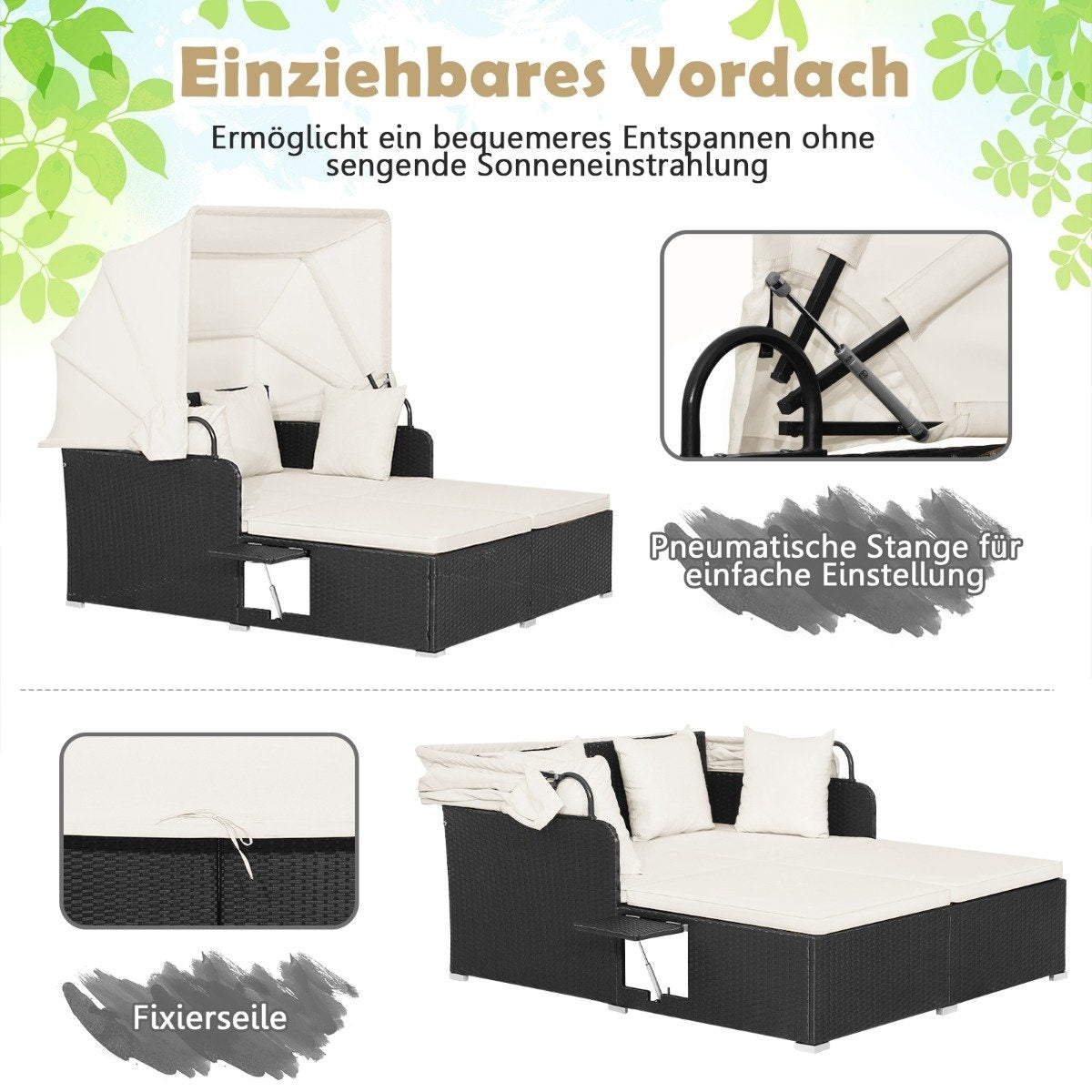 2-person rattan sun lounger with retractable canopy & folding tray & cushions
