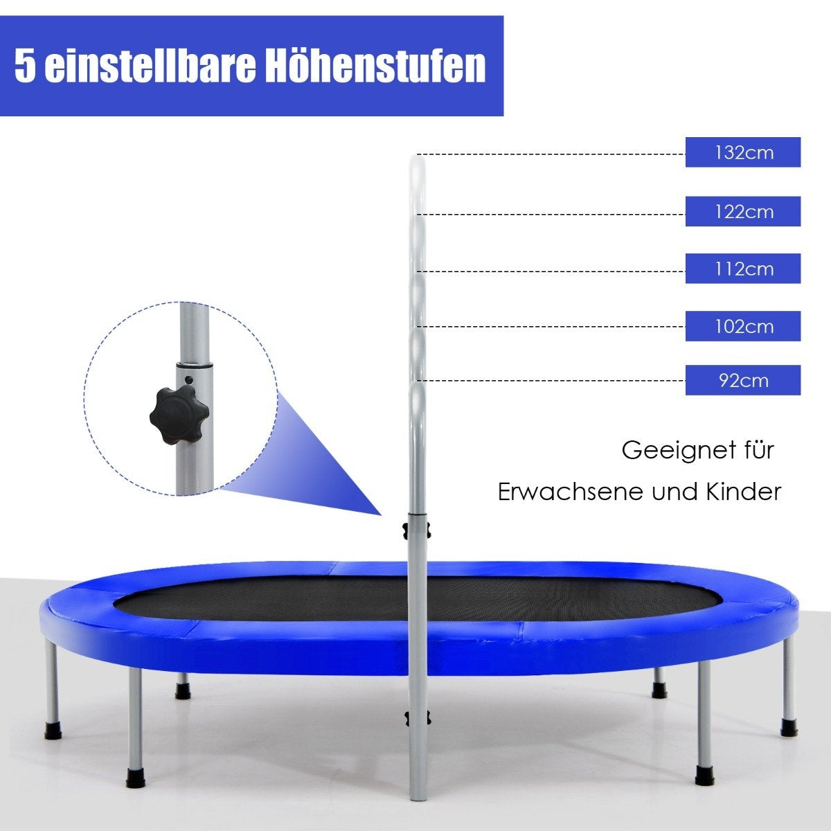 2 person trampoline with height-adjustable handle mini trampoline 154 x 90 x 92 -132 cm blue