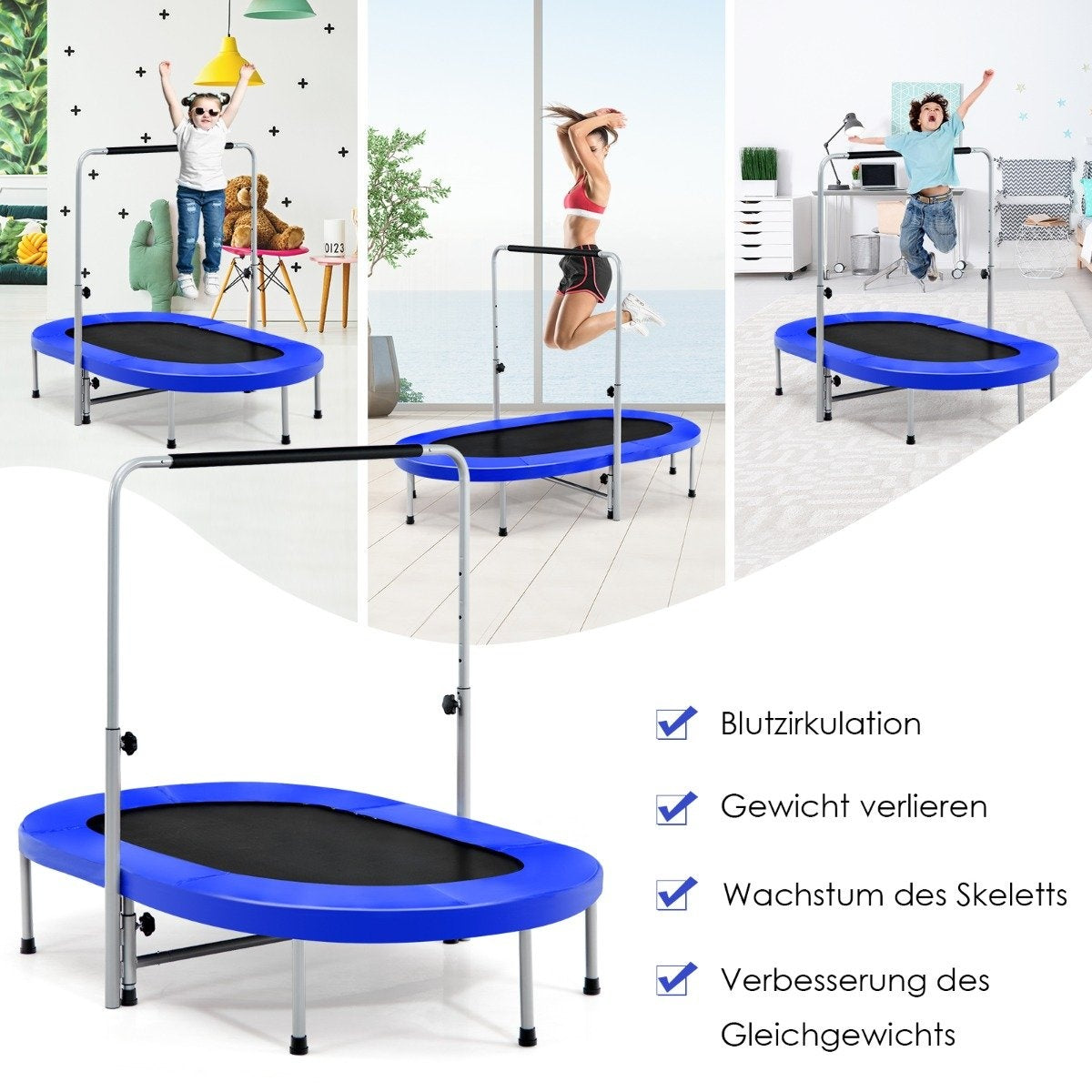 2 person trampoline with height-adjustable handle mini trampoline 154 x 90 x 92 -132 cm blue