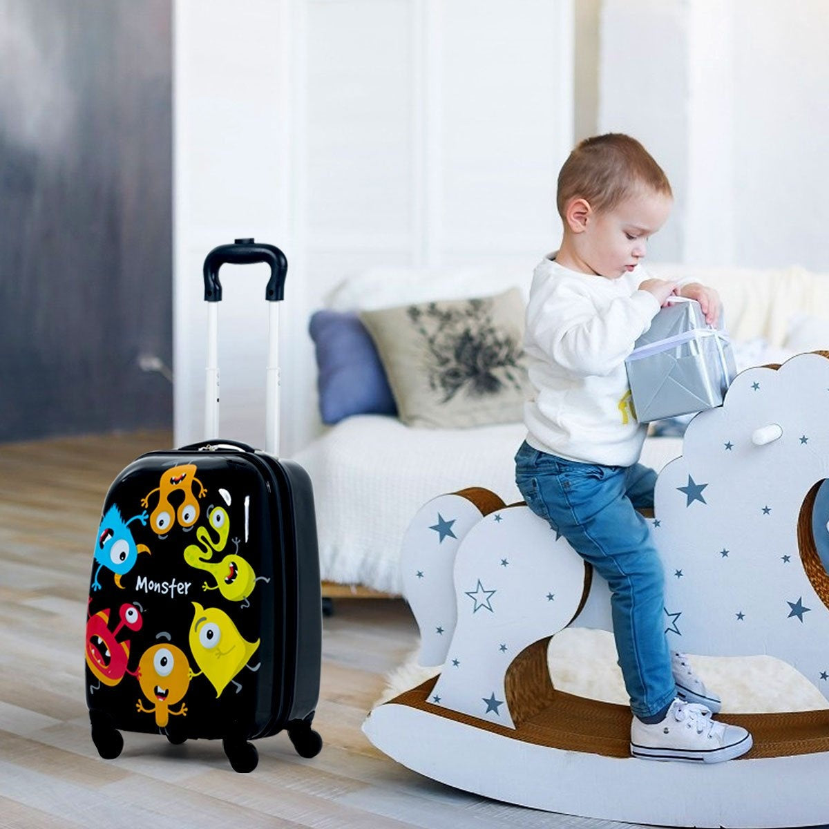 2-piece children's luggage monster picture travel suitcase children's suitcase + backpack black
