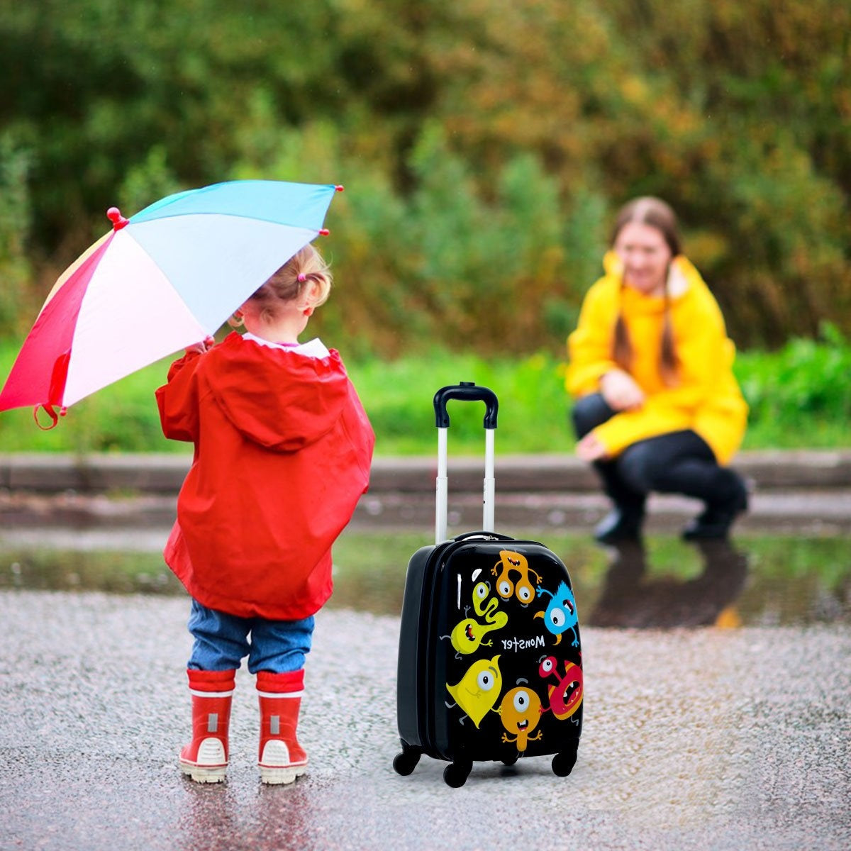 2-piece children's luggage monster picture travel suitcase children's suitcase + backpack black