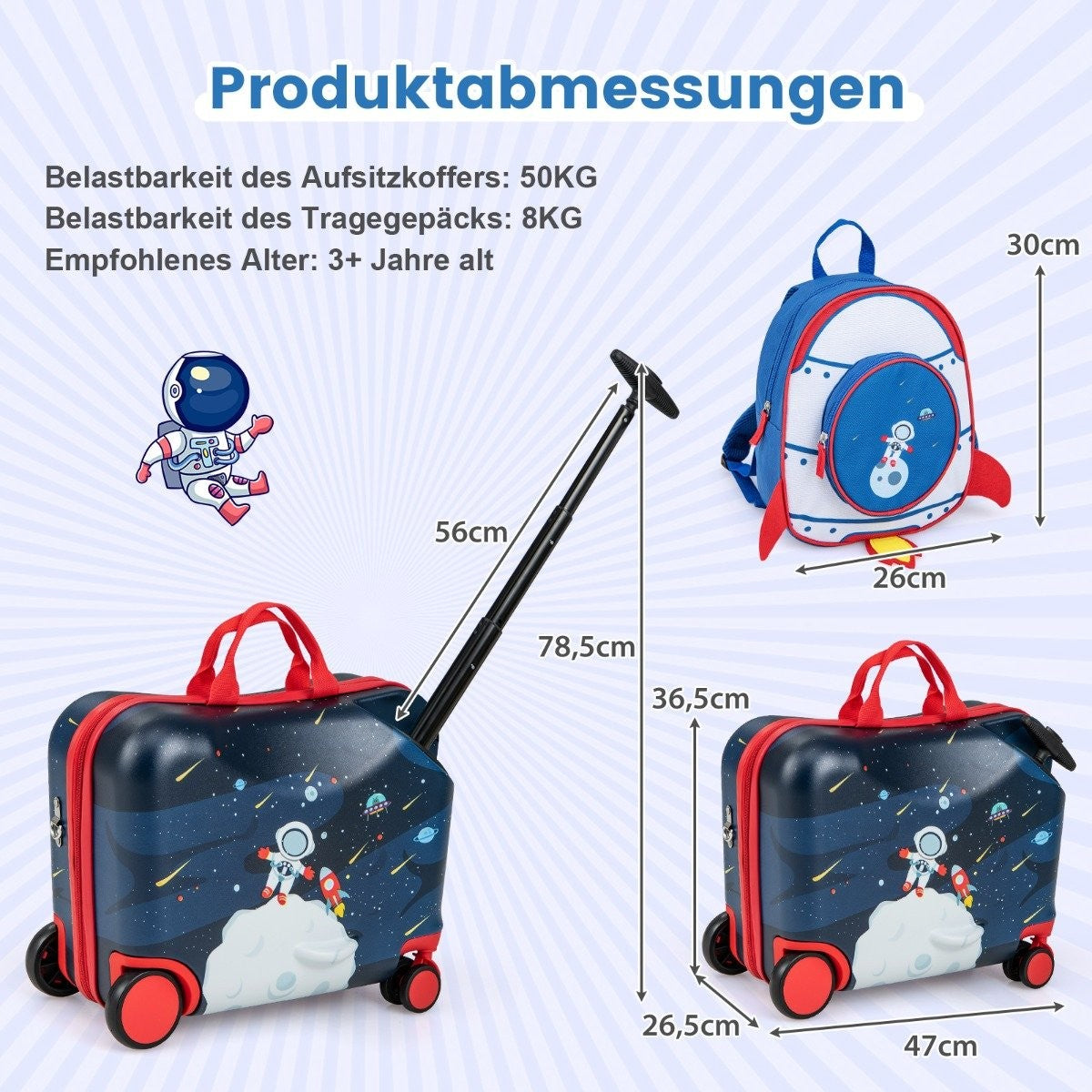 2-piece children's suitcase + backpack 47 cm long ride-on suitcase and 30 cm wide backpack 12"+18" astronauts