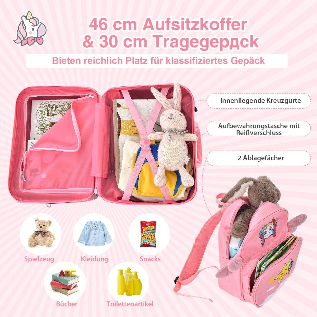 2-piece children's suitcase + backpack 47 cm long ride-on suitcase and 30 cm wide backpack pink unicorn