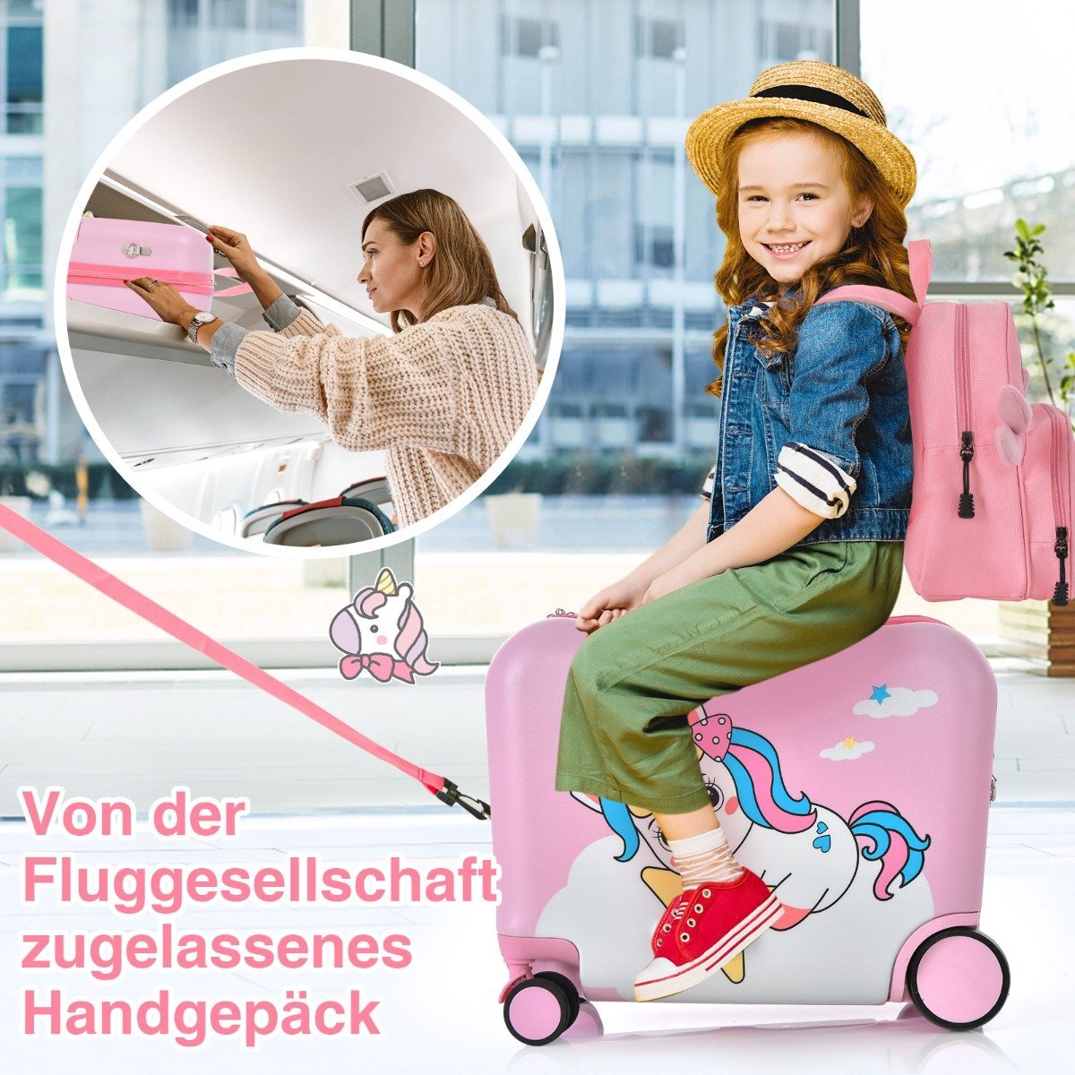 2-piece children's suitcase + backpack 47 cm long ride-on suitcase and 30 cm wide backpack pink unicorn