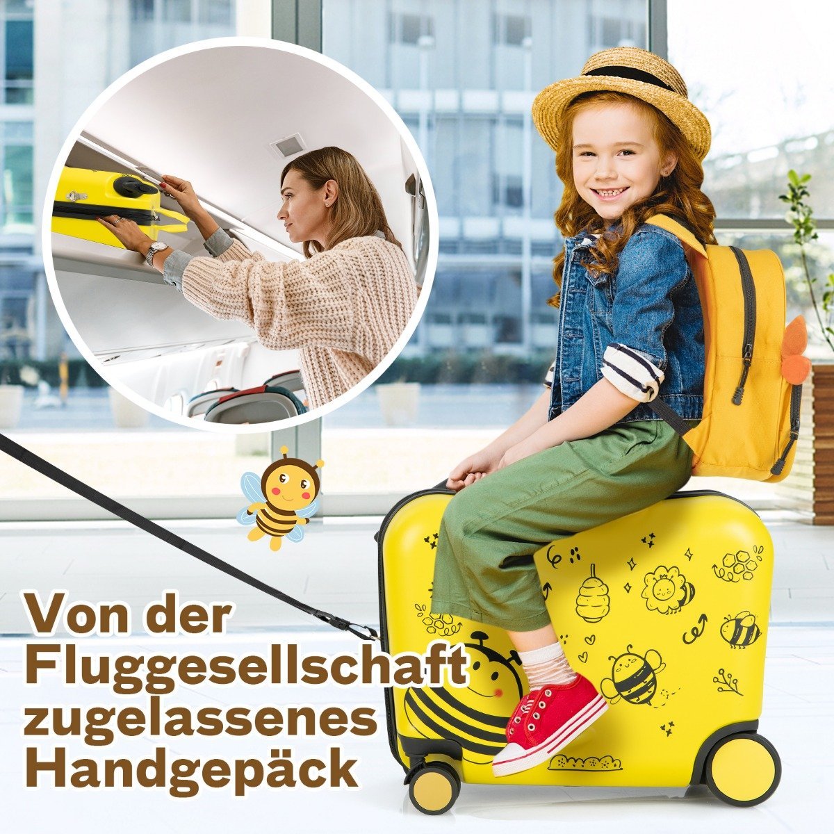2-piece children's suitcase + backpack 47 cm long ride-on suitcase and 30 cm wide backpack yellow