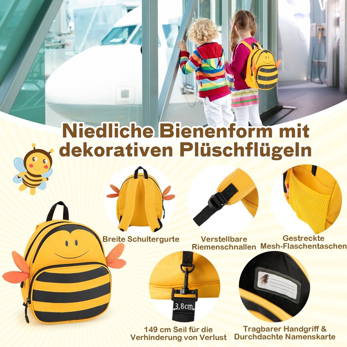 2-piece children's suitcase + backpack 47 cm long ride-on suitcase and 30 cm wide backpack yellow