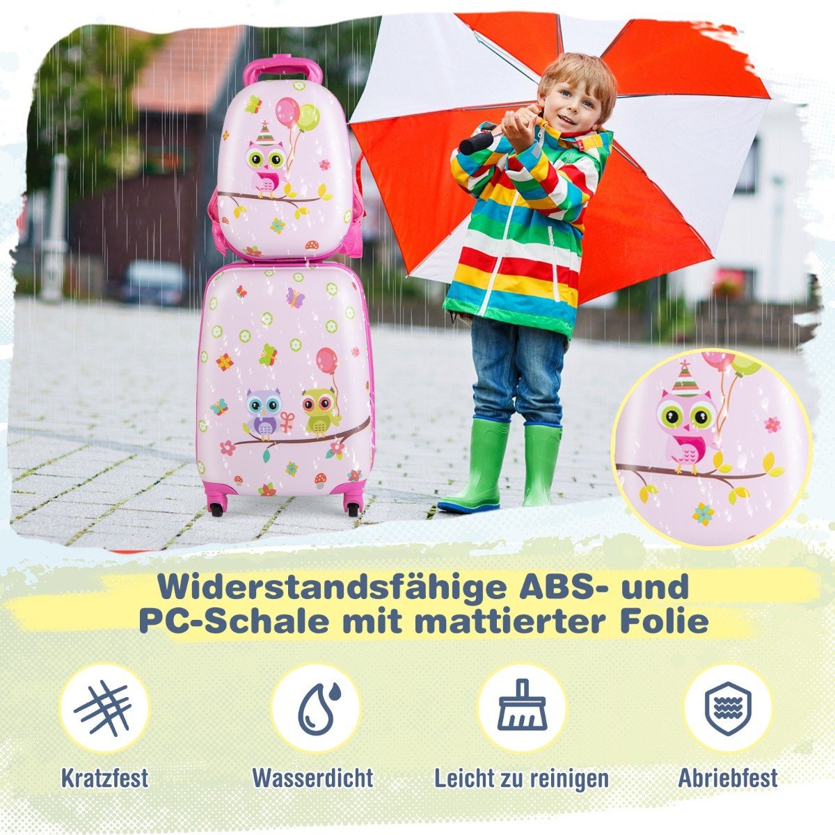 2-piece children's suitcase + backpack made of plastic children's trolley 12"+16" pink birds