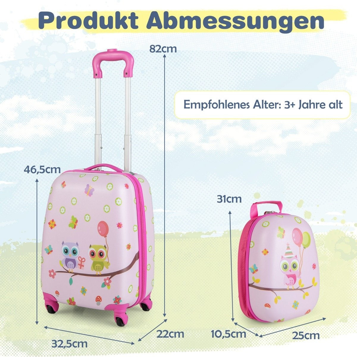 2-piece children's suitcase + backpack made of plastic children's trolley 12"+16" pink birds