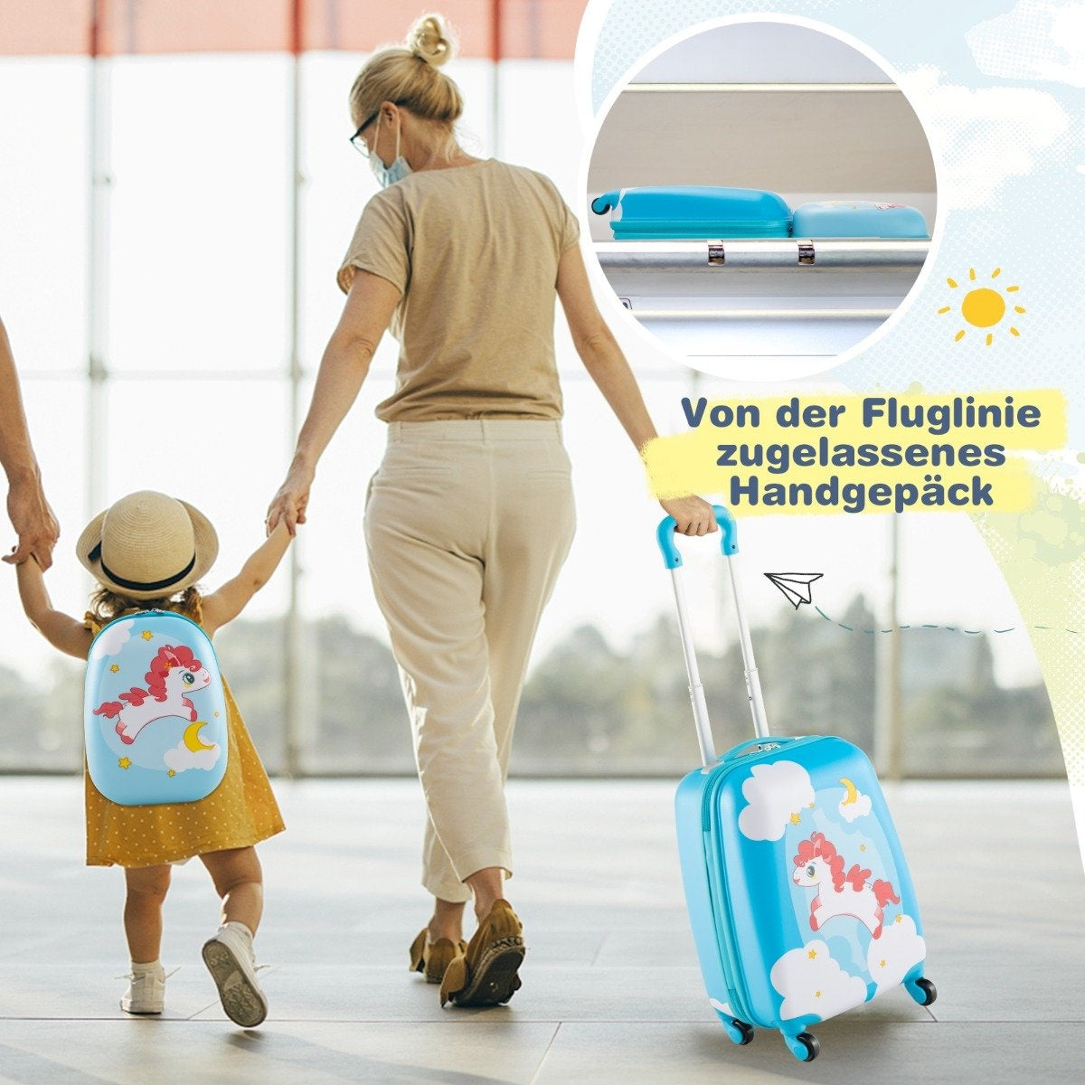 2-piece children's suitcase + backpack made of plastic children's trolley children's luggage 12"+16" blue horse