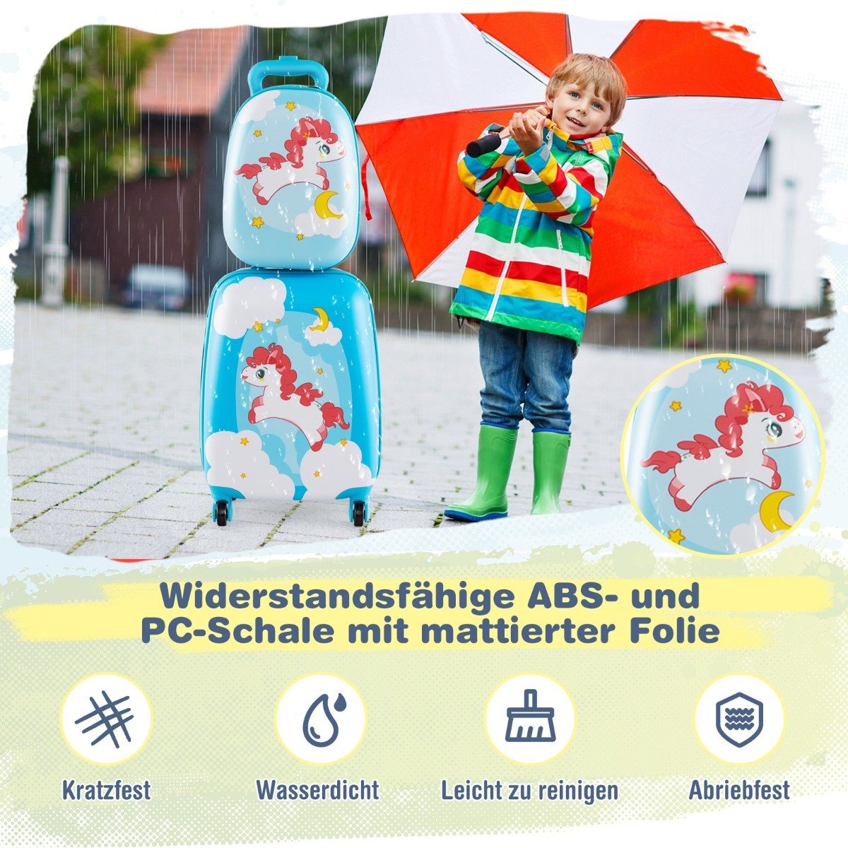 2-piece children's suitcase + backpack made of plastic children's trolley children's luggage 12"+16" blue horse