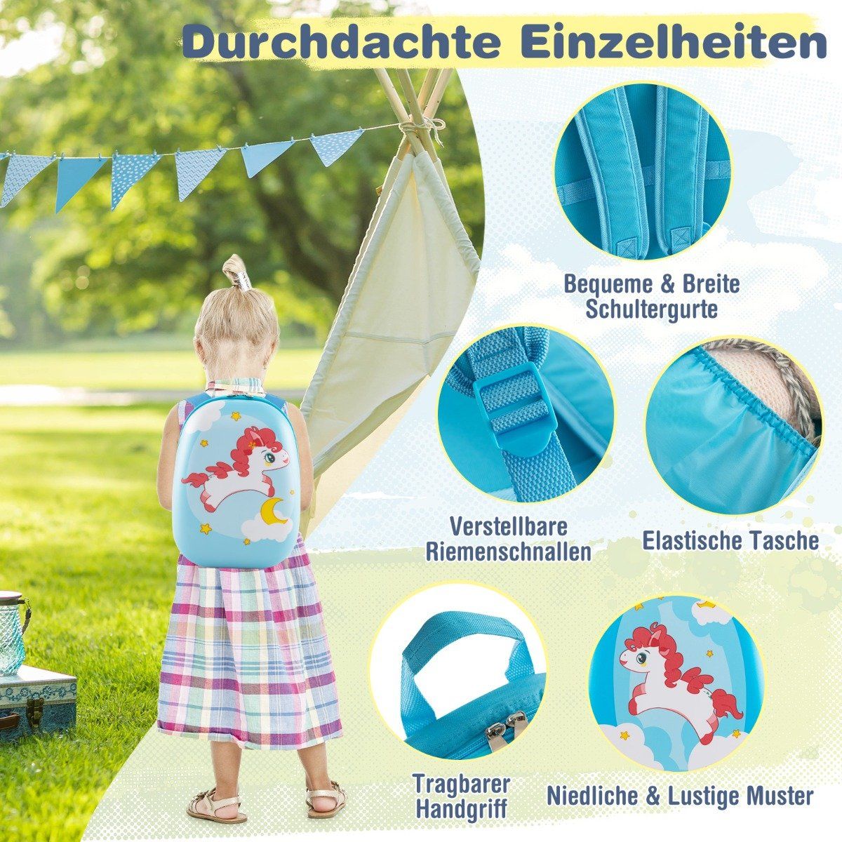 2-piece children's suitcase + backpack made of plastic children's trolley children's luggage 12"+16" blue horse