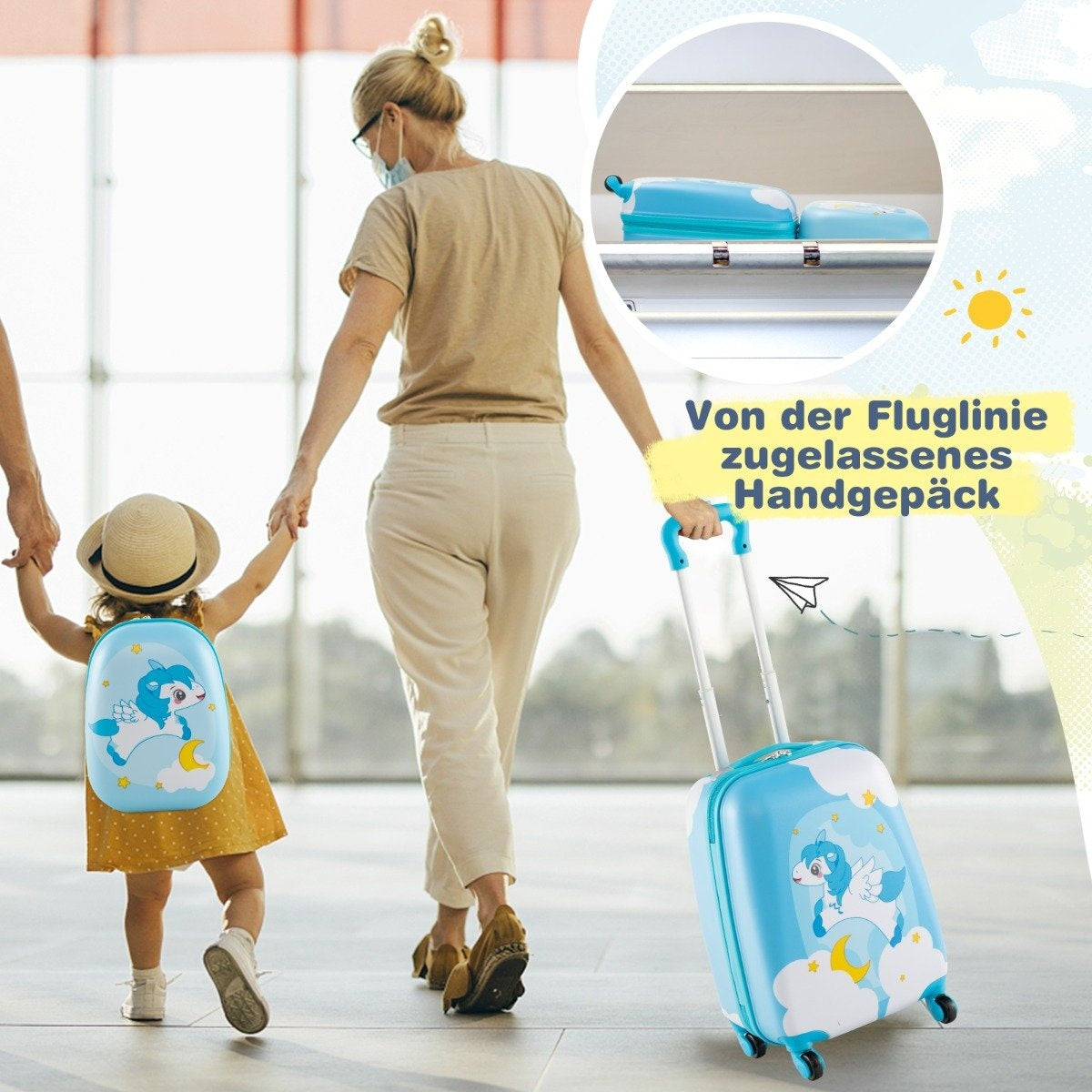 2-piece children's suitcase + backpack made of plastic children's trolley children's luggage 12" + 16" blue unicorn