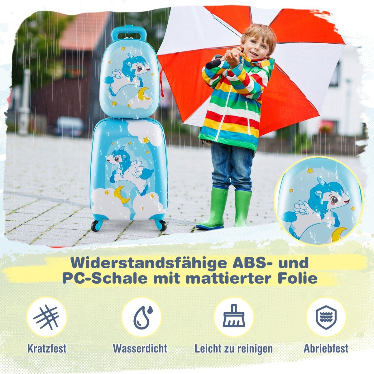 2-piece children's suitcase + backpack made of plastic children's trolley children's luggage 12" + 16" blue unicorn