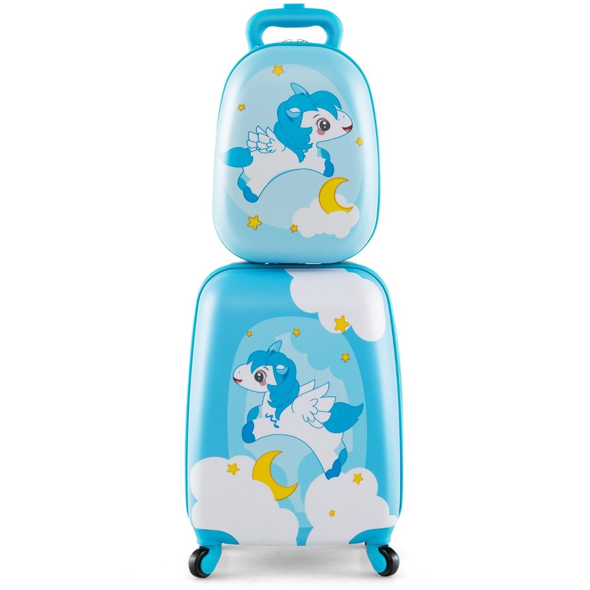 2-piece children's suitcase + backpack made of plastic children's trolley children's luggage 12" + 16" blue unicorn