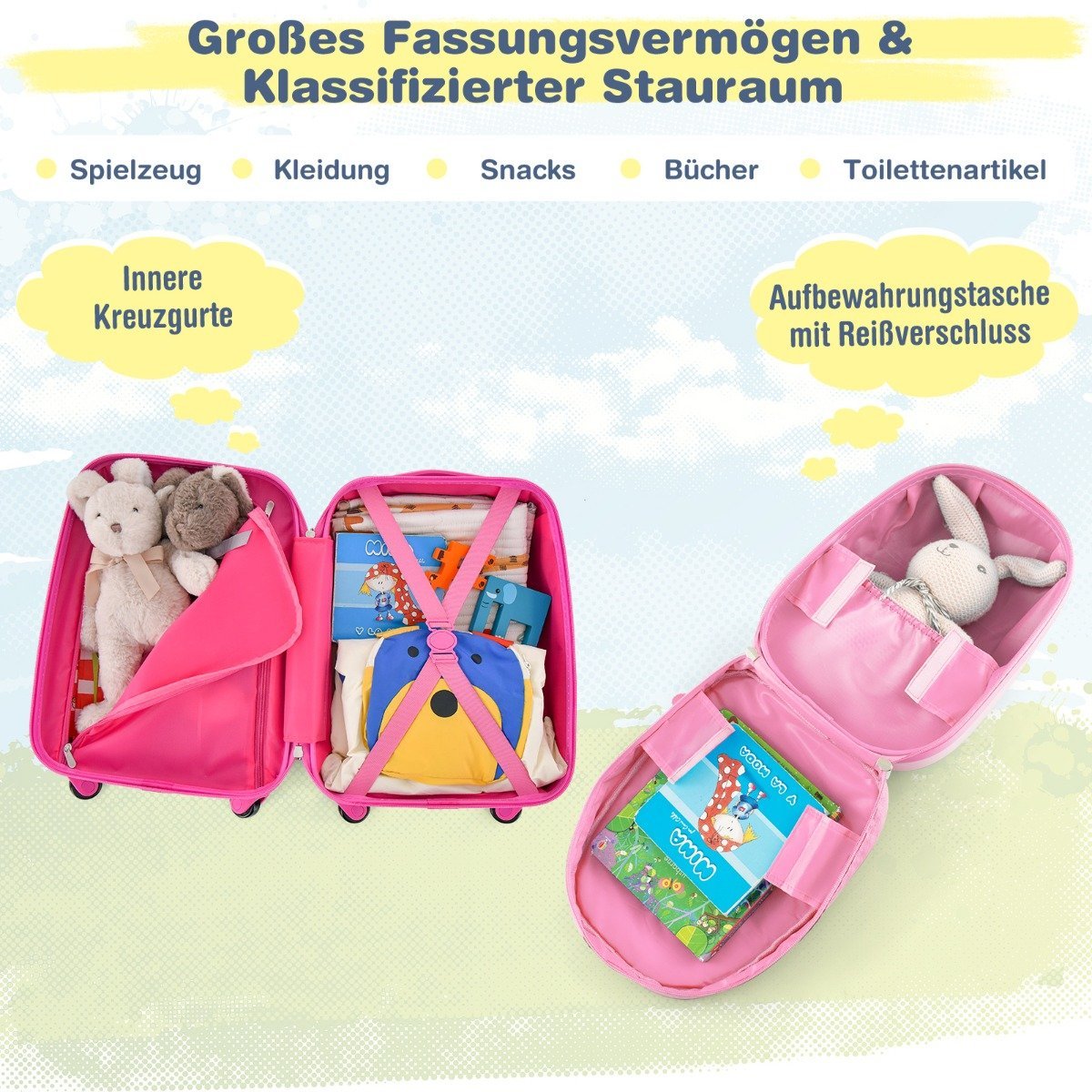 2-piece children's suitcase + backpack made of plastic children's trolley children's luggage 12"+16" pink unicorn