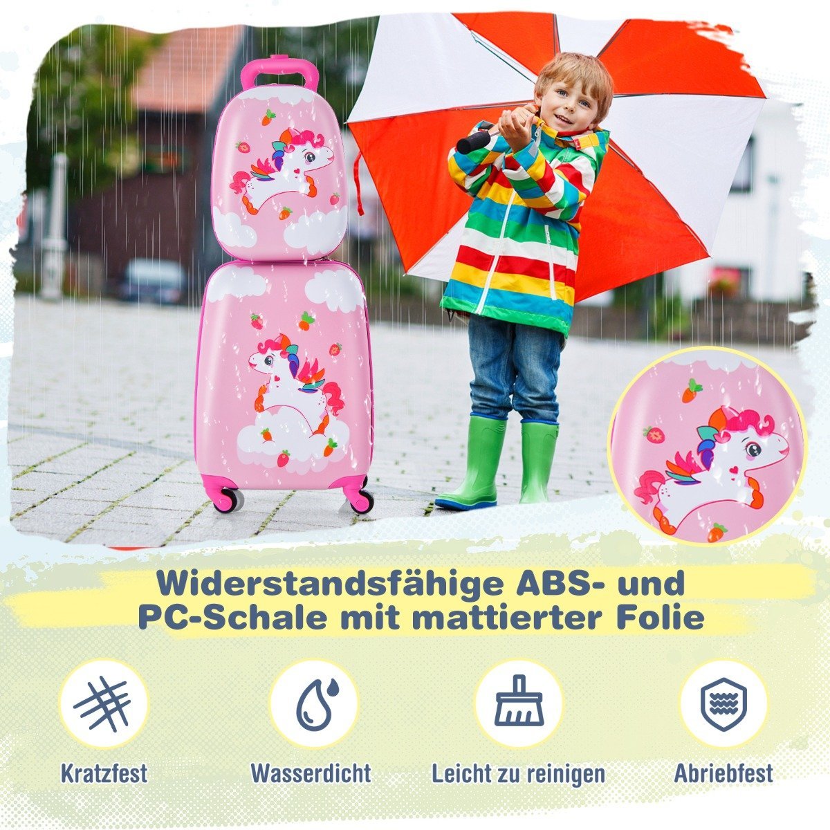2-piece children's suitcase + backpack made of plastic children's trolley children's luggage 12"+16" pink unicorn
