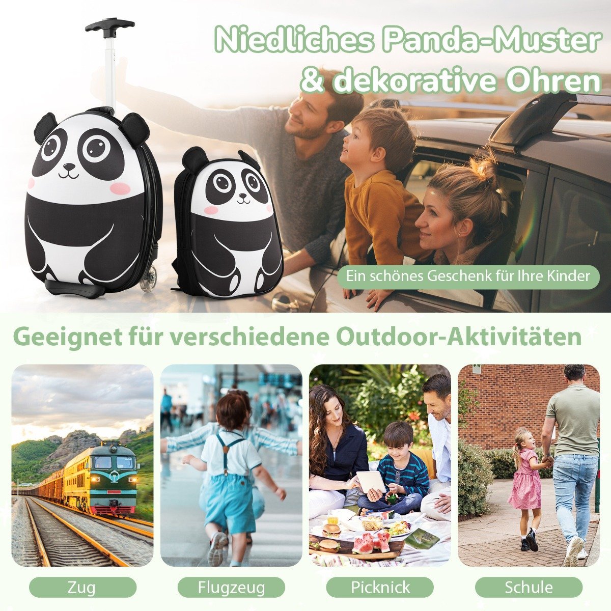 2-piece children's suitcase & backpack with wheels & 3-stage telescopic handle 12"+16" children's trolley Panda