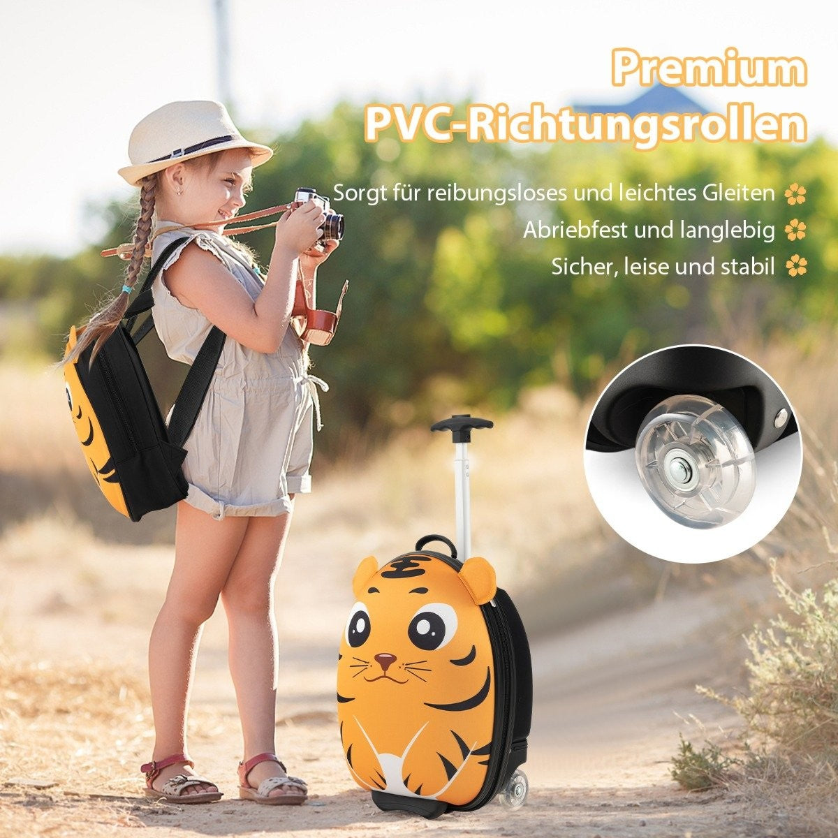 2-piece children's suitcase & backpack with wheels & 3-stage telescopic handle 12"+16" children's trolley Tiger