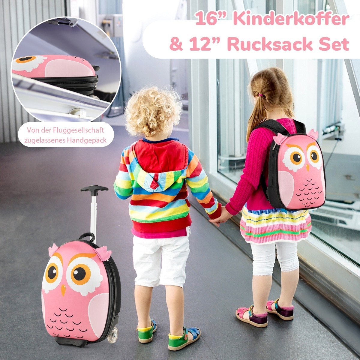 2-piece children's suitcase & backpack with wheels & 3-stage telescopic handle 12"+16" children's trolley owl