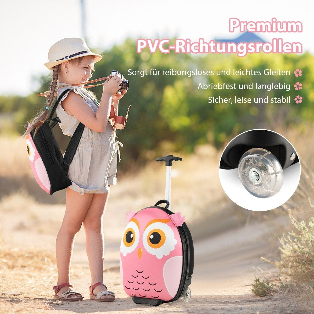 2-piece children's suitcase & backpack with wheels & 3-stage telescopic handle 12"+16" children's trolley owl