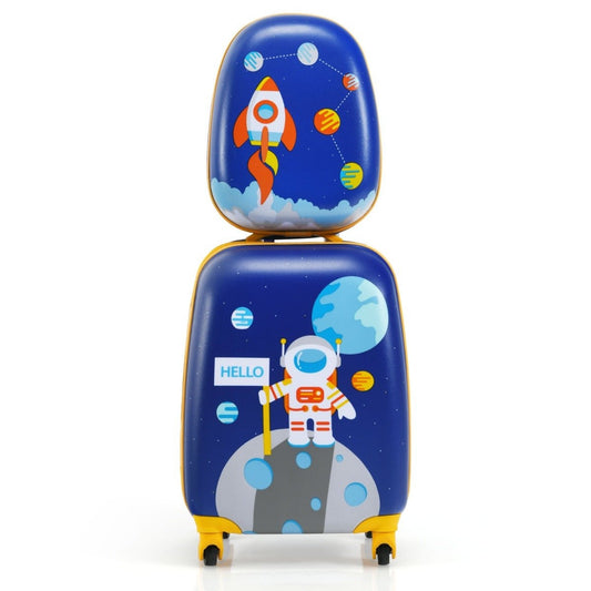 2-piece children's suitcase set with astronaut pattern backpack & suitcase 27 x 20 x 43 cm dark blue
