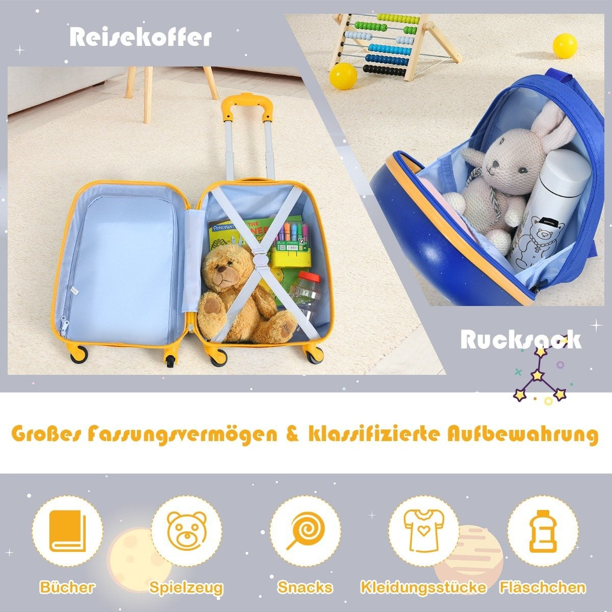 2-piece children's suitcase set with astronaut pattern backpack & suitcase 27 x 20 x 43 cm dark blue