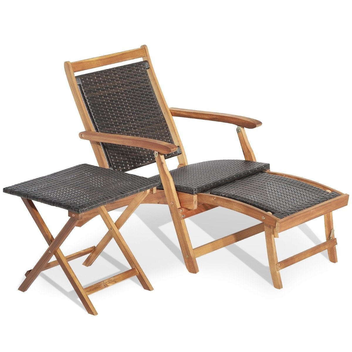 2-piece garden furniture set consisting of a chair with extendable footrest and side table made of brown acacia wood