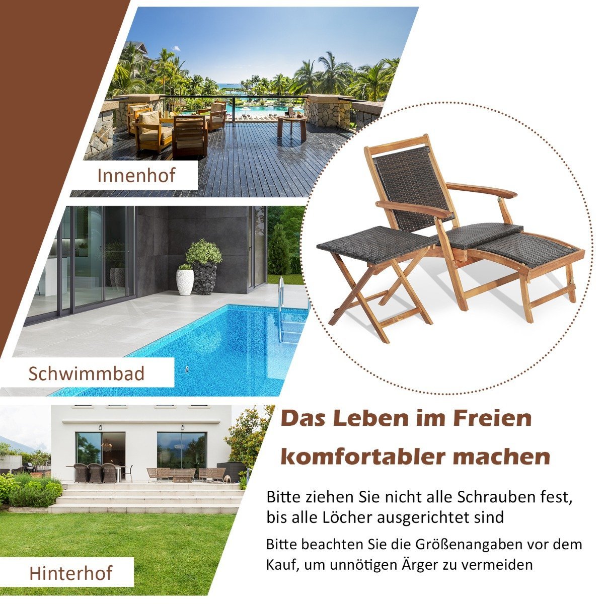 2-piece garden furniture set consisting of a chair with extendable footrest and side table made of brown acacia wood