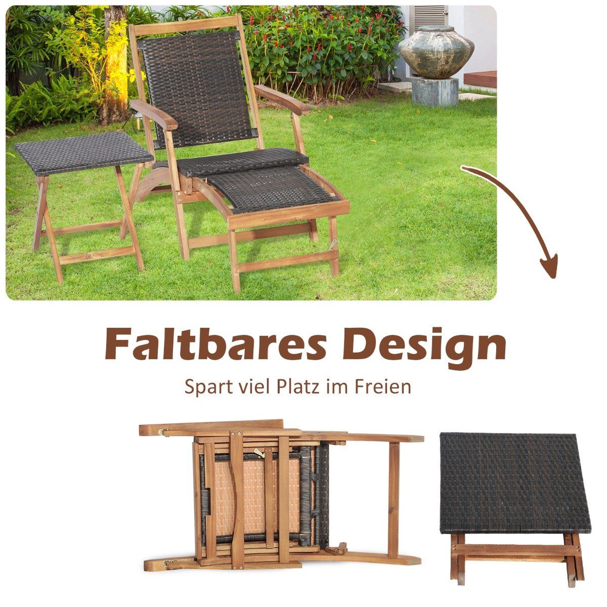 2-piece garden furniture set consisting of a chair with extendable footrest and side table made of brown acacia wood