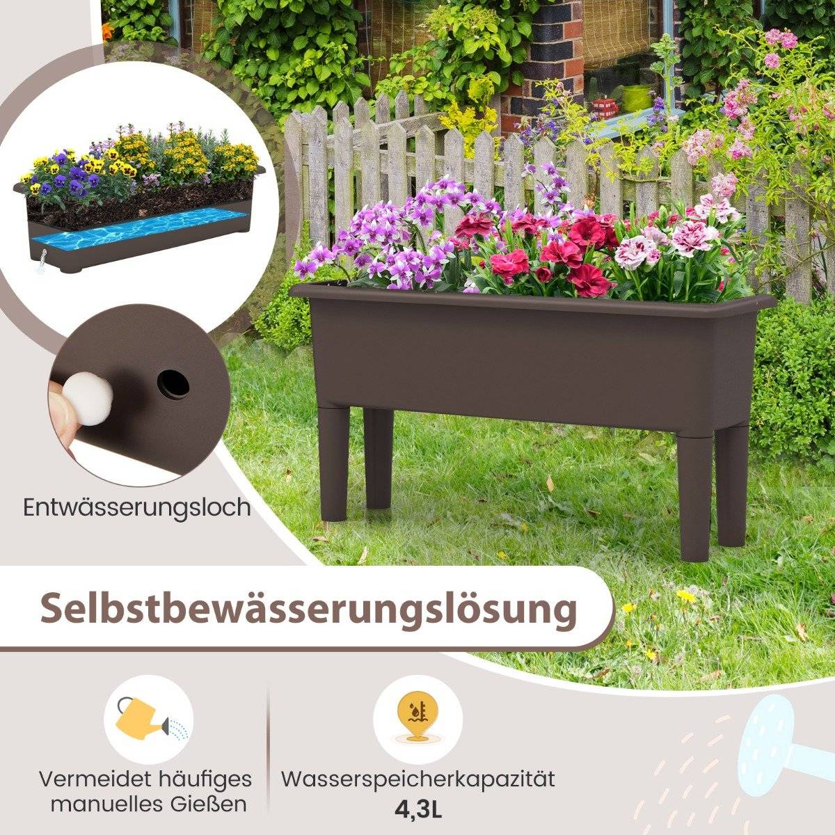 2 raised bed garden bed made of plastic 29 L plant box with removable legs and drainage hole coffee