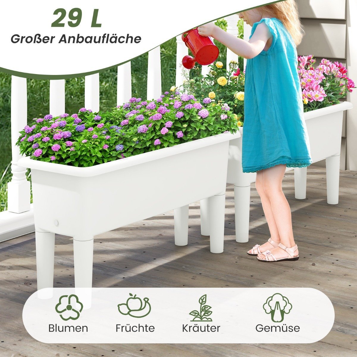 2 raised bed garden bed made of plastic 29 L plant box with removable legs and drainage hole white