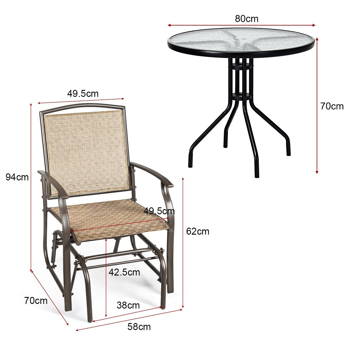 2 rocking chairs garden furniture with metal frame 58 x 70 x 94 cm brown