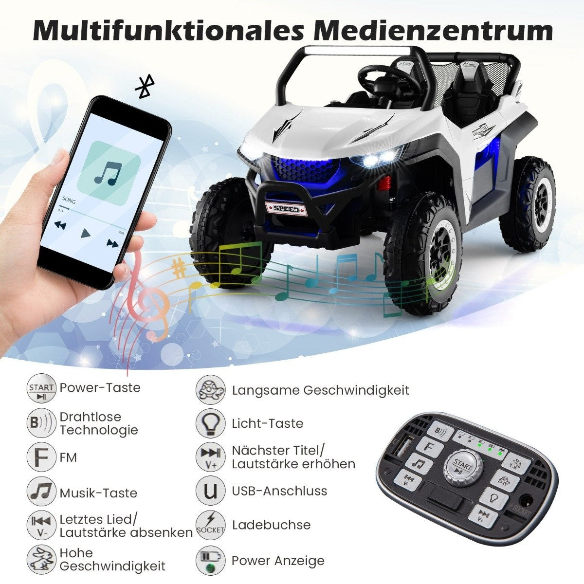 2-seater 12V children's car with music and headlights 118 x 74 x 71 cm-White