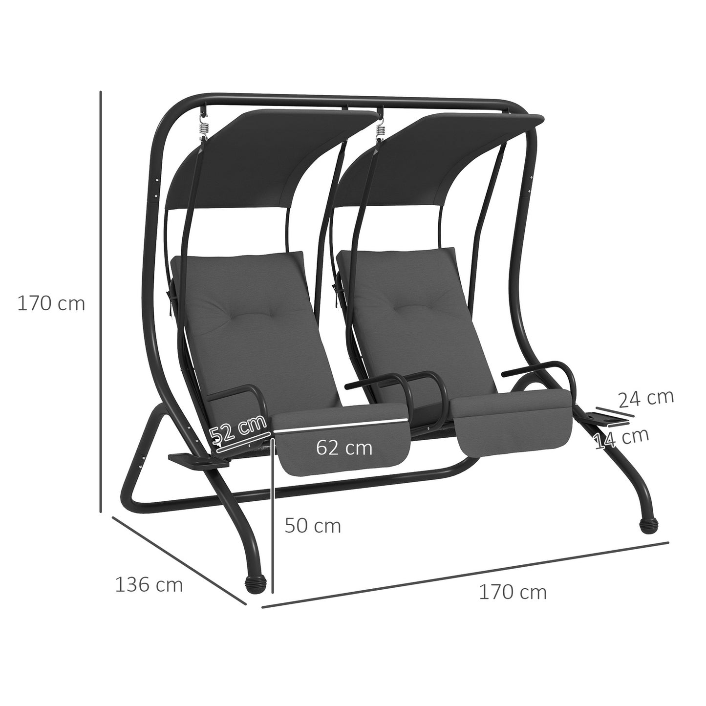 2-seat garden swing with canopy - Steel frame, grey