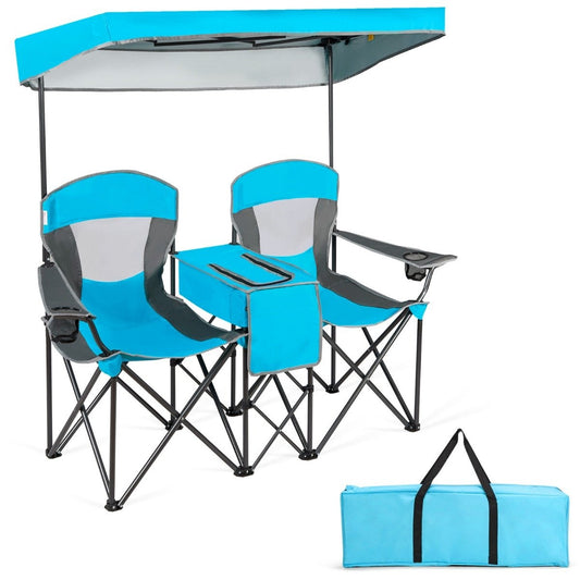 2-seater camping chair with sun protection mini table folding fishing chair with carry bag 166 x 71 x 151 cm blue