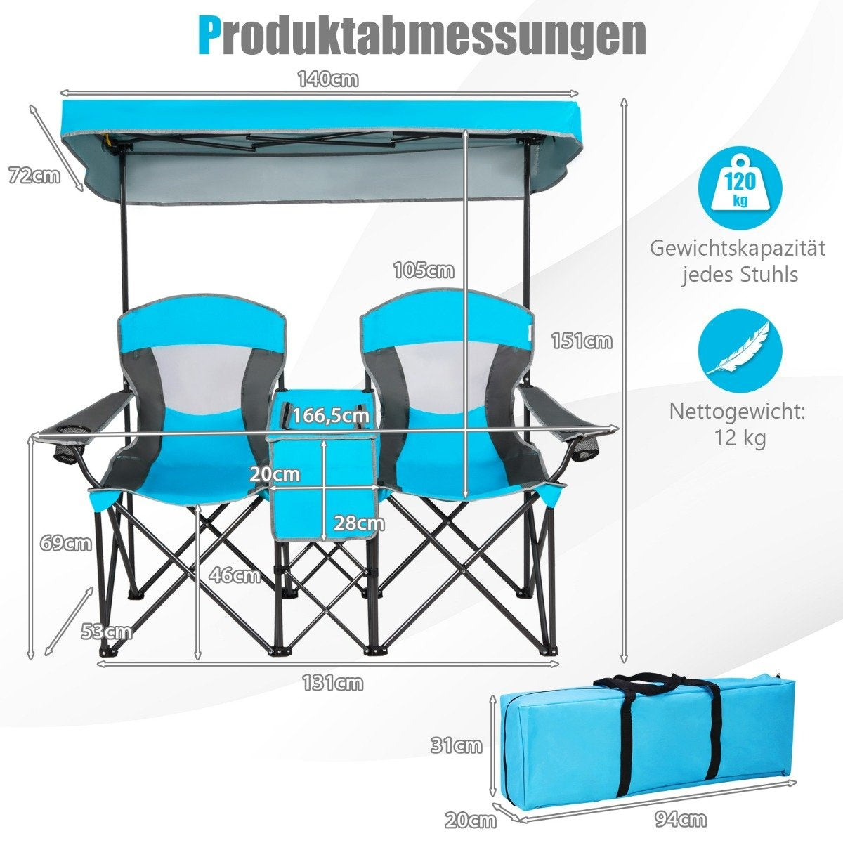 2-seater camping chair with sun protection mini table folding fishing chair with carry bag 166 x 71 x 151 cm blue