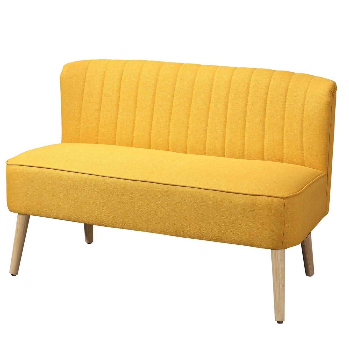 2-seater yellow fabric sofa - wooden frame, foam cushions