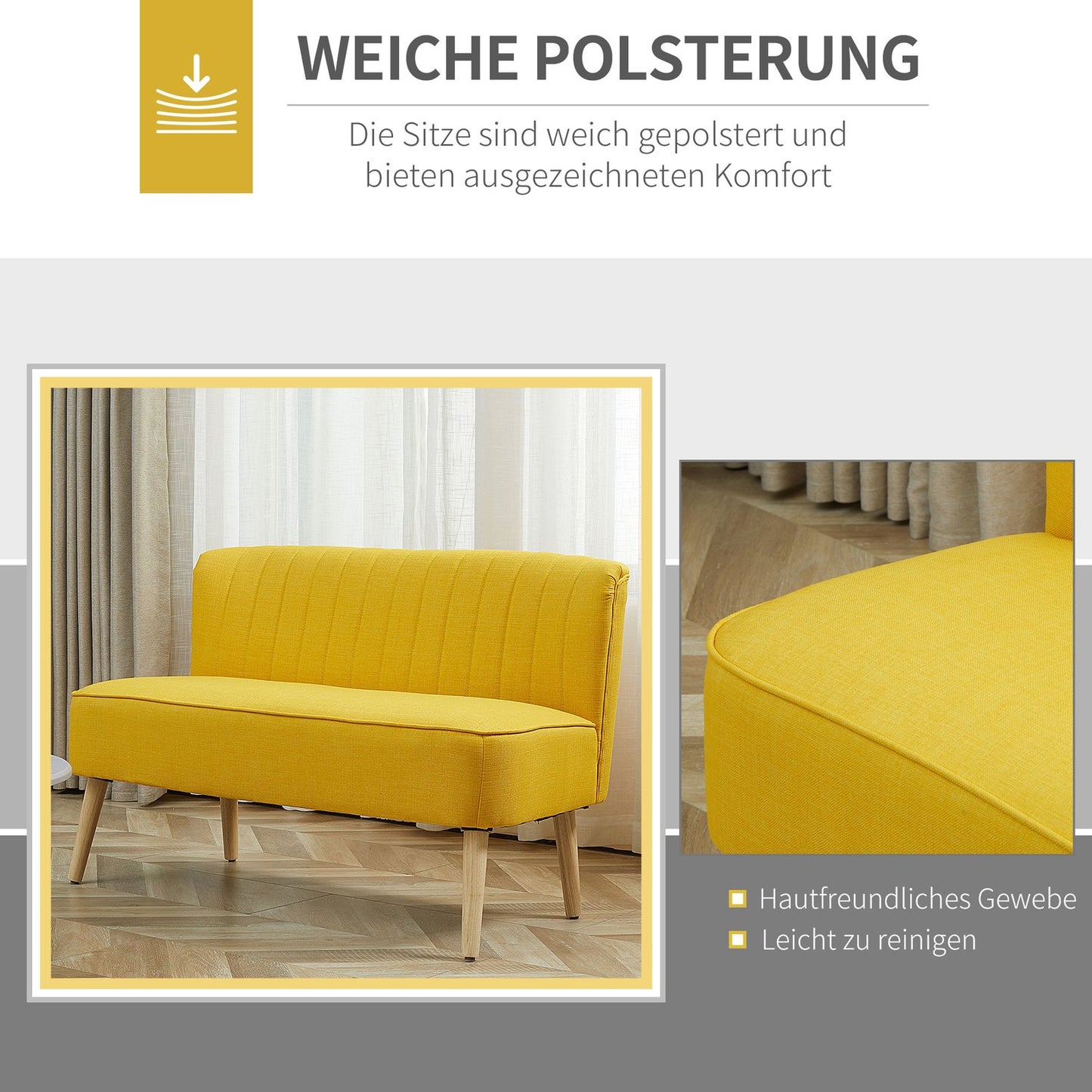 2-seater yellow fabric sofa - wooden frame, foam cushions