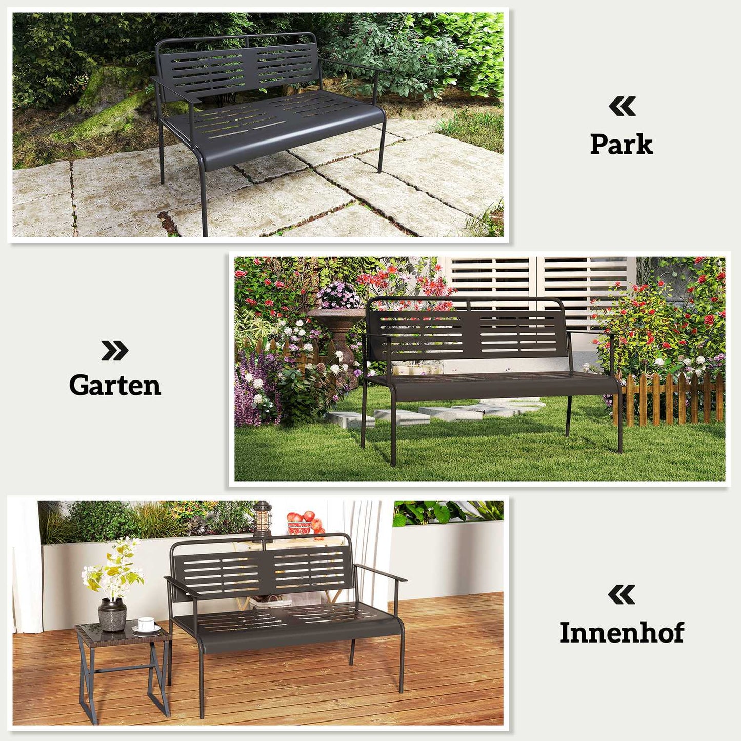 2-seater black garden bench, water-repellent, 240 kg capacity