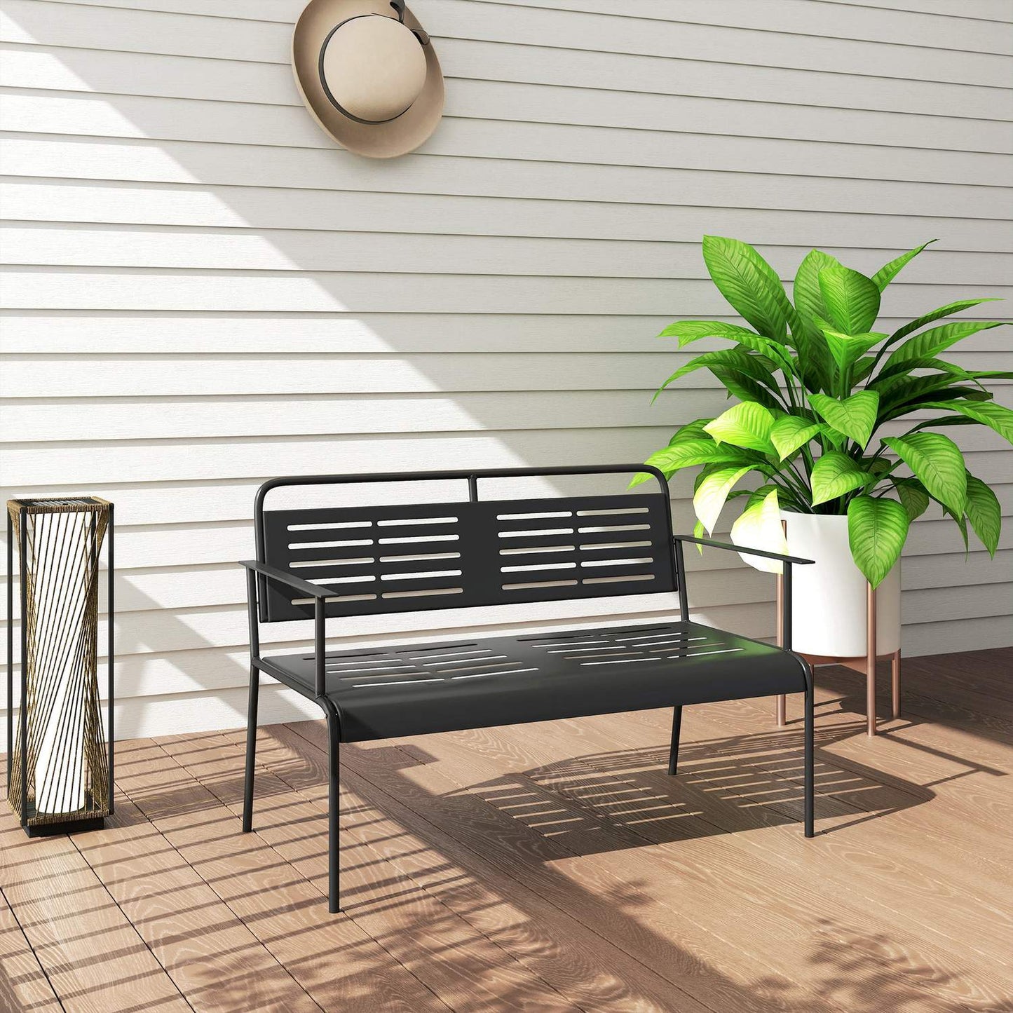 2-seater black garden bench, water-repellent, 240 kg capacity