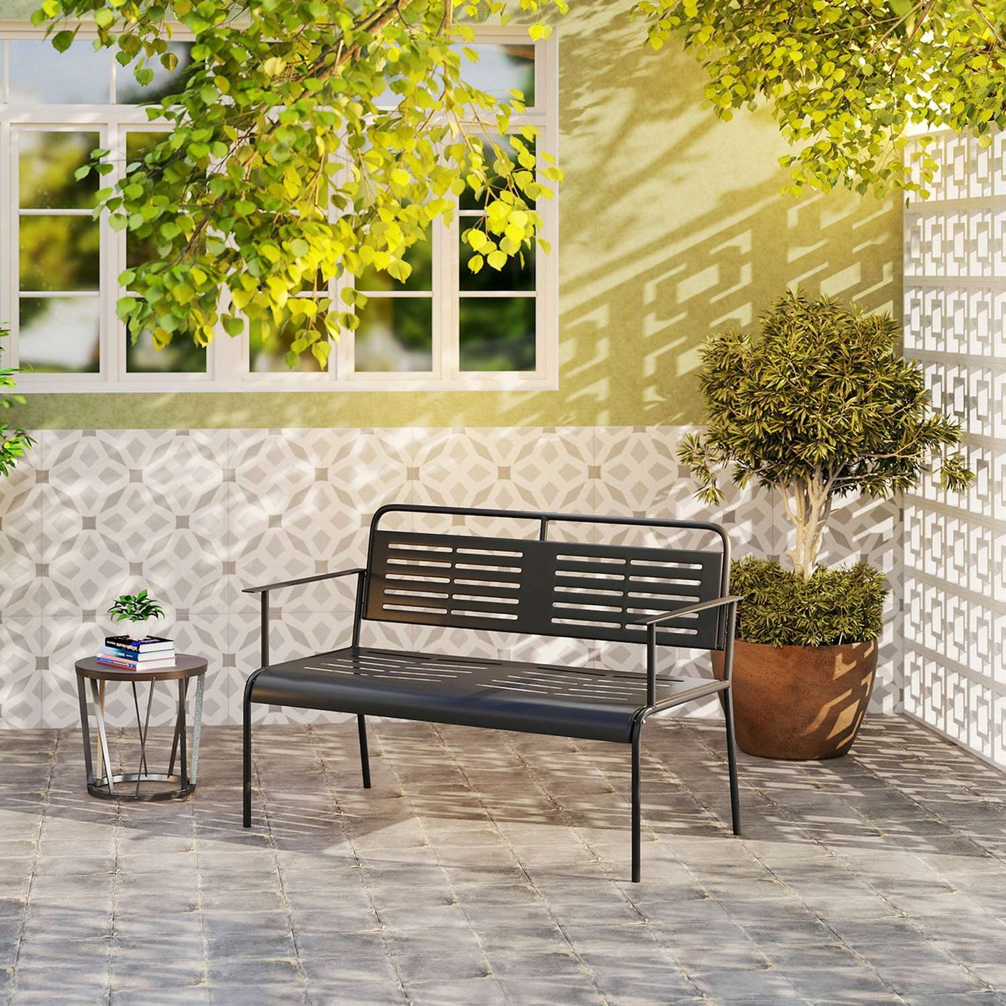 2-seater black garden bench, water-repellent, 240 kg capacity
