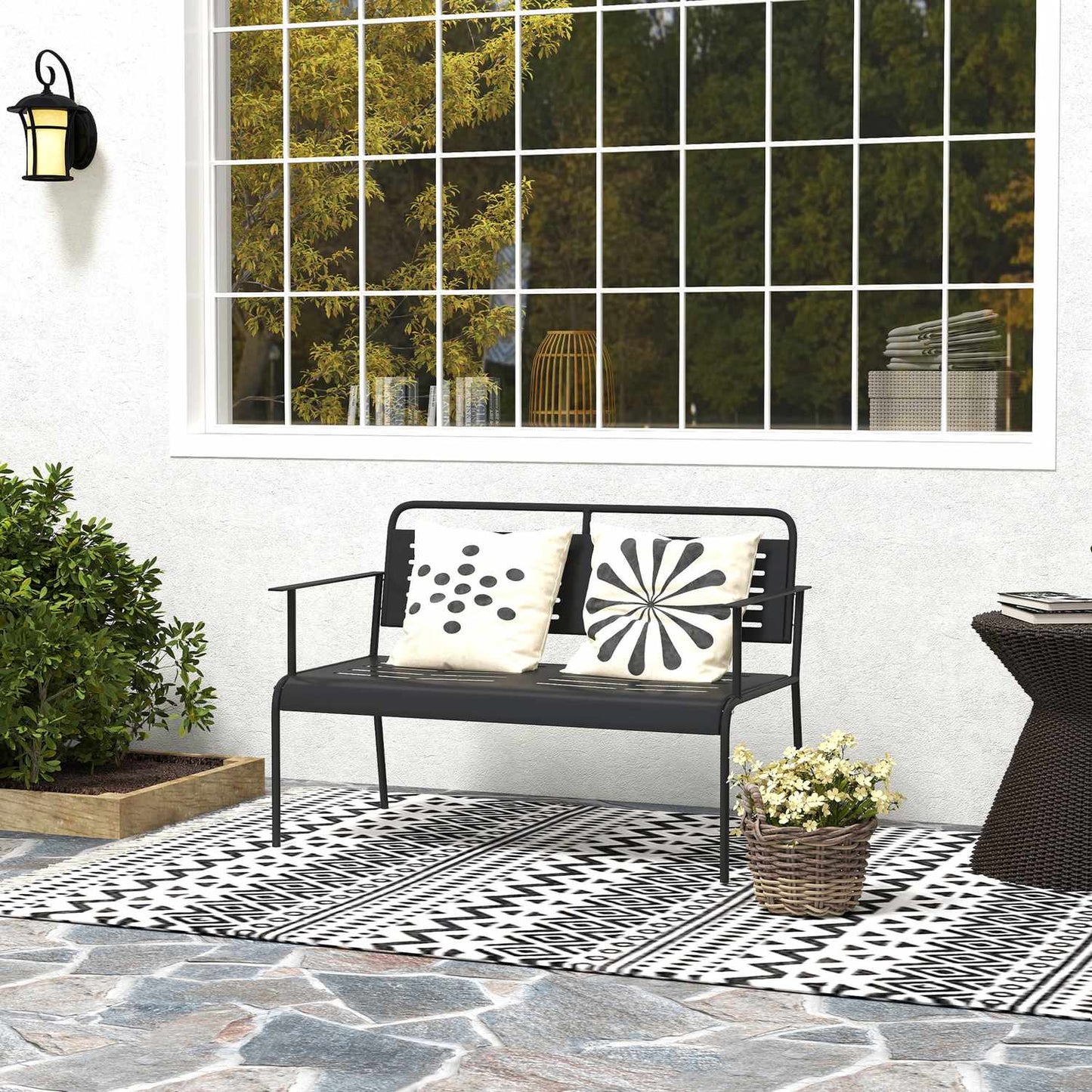 2-seater black garden bench, water-repellent, 240 kg capacity