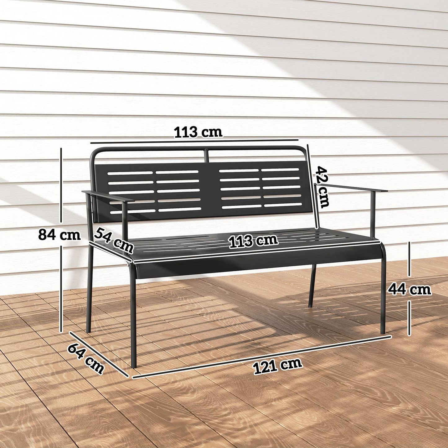 2-seater black garden bench, water-repellent, 240 kg capacity