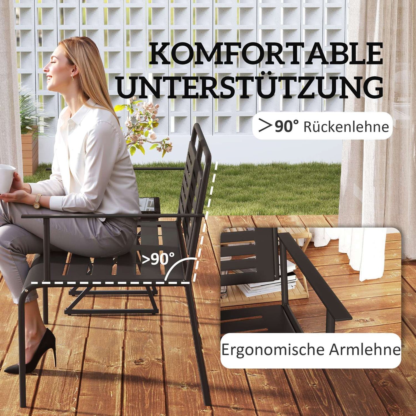 2-seater black garden bench, water-repellent, 240 kg capacity