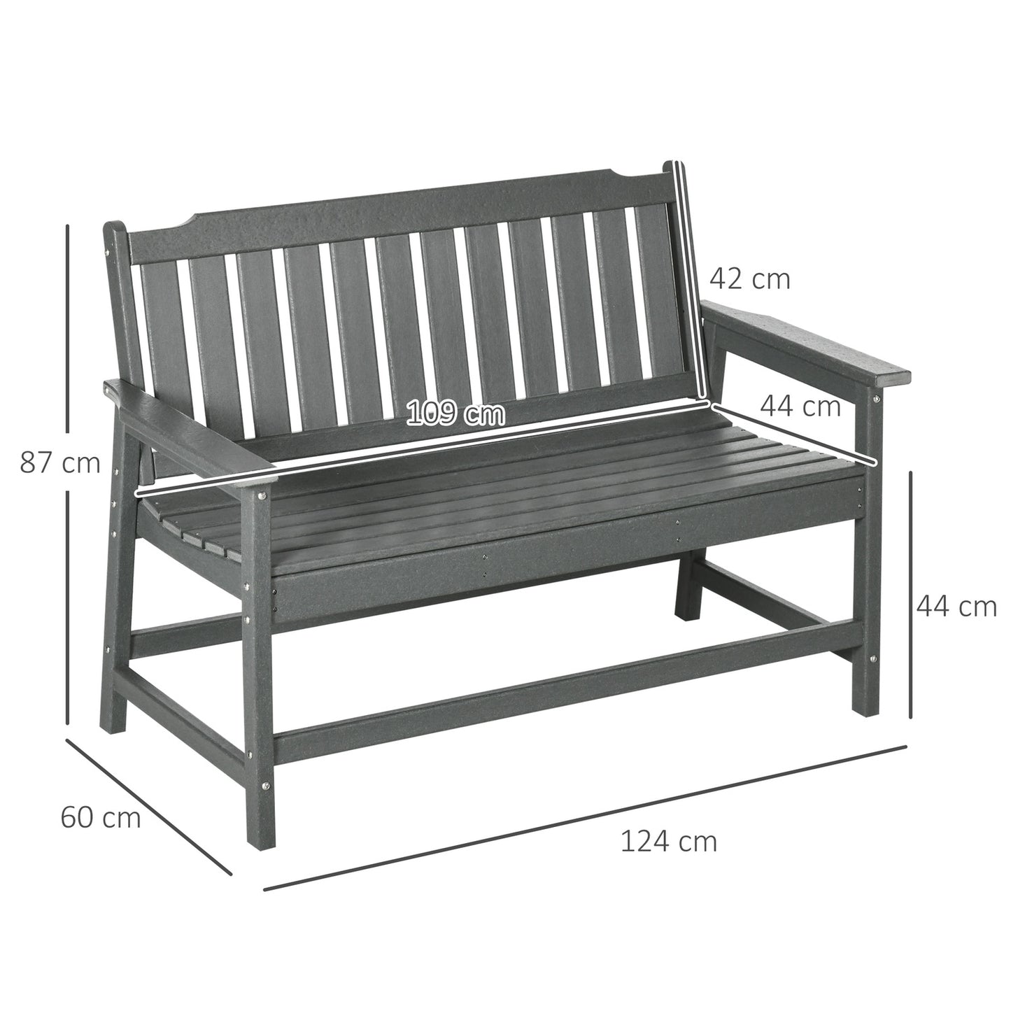 Weatherproof 2-seater garden bench with backrest, 124x60x87cm